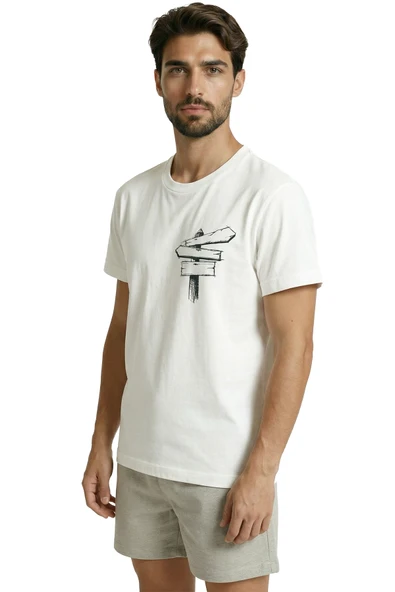 Eskiz Ahşap Yön Tabelası Baskılı Minimalist Tasarım Premium Erkek Tişört - Resim 2