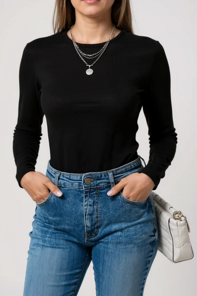 Kadın Siyah Uzun Kollu Fit Basic Crop Top Bluz - Resim 2