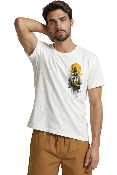 Orman ve Gün Batımı Temalı Sanatsal Doğa Baskılı Premium Erkek Tişört - Resim 5