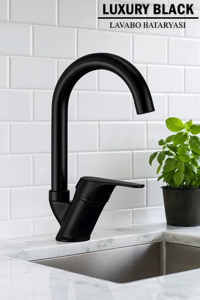 Lavabo Bataryası Baston Borulu Siyah Renk Eviye Musluğu Musluk Armatür - Resim 2