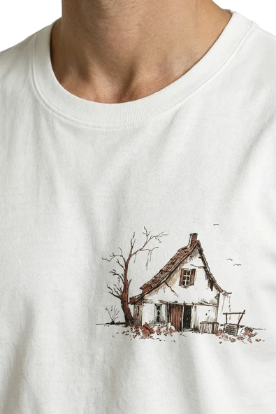 Minimalist Eskiz Köy Evi Baskılı Tasarım Premium Pamuk Erkek Tişört - Resim 7