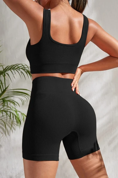 Kadın Siyah Kalın Askılı Yüksek Bel Şortlu Gecelik Takımı - Resim 2