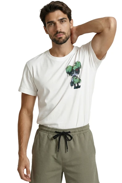 Graffiti Tarzı Gözlüklü Yeşil Ayıcık Baskılı Premium Erkek Tişört - Resim 4