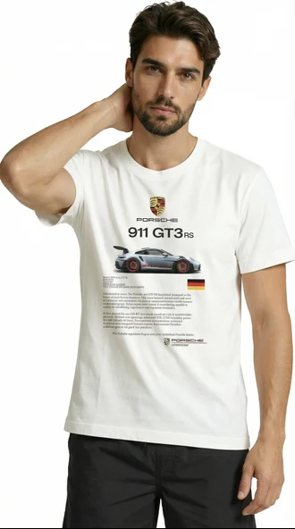 911 GT3 RS Spor Araba Baskılı Tasarım Premium Pamuk Erkek Tişört - Resim 5