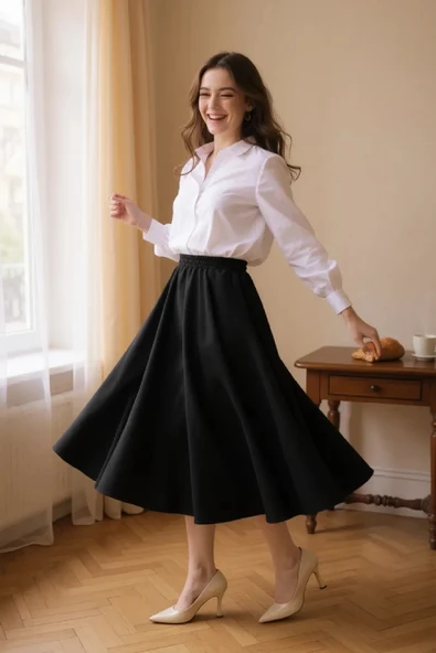 Kadın Siyah Double Kumaş Beli Lastikli Cepli Etek - Resim 5