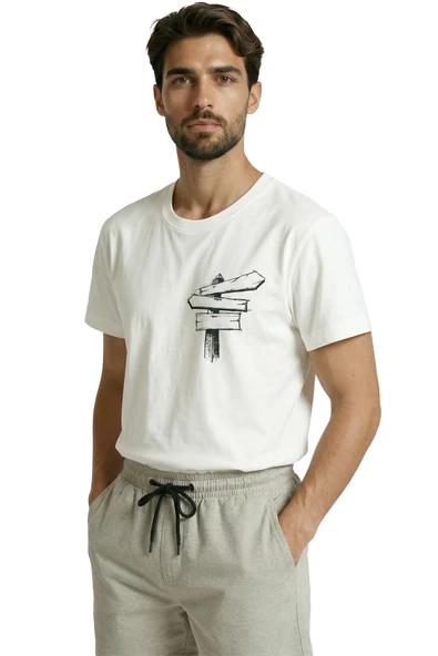 Eskiz Ahşap Yön Tabelası Baskılı Minimalist Tasarım Premium Erkek Tişört - Resim 5