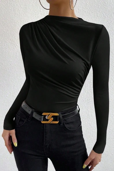 Kadın Siyah Belden ve Boyundan Büzgü Detaylı Uzun Kollu Bluz - Resim 5