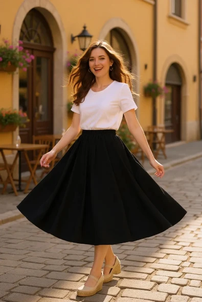 Kadın Siyah Double Kumaş Beli Lastikli Cepli Etek - Resim 4