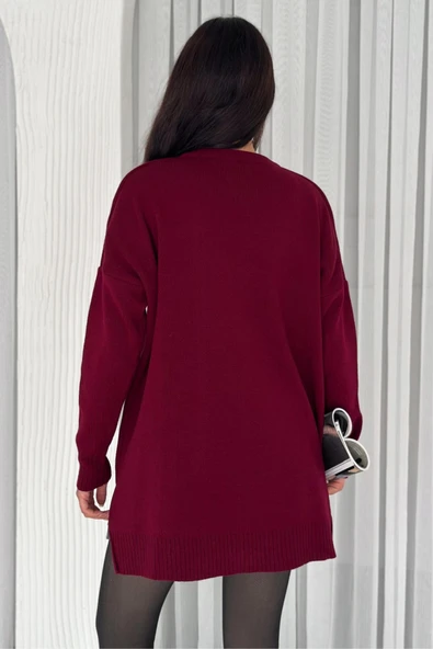 Ayıcıklı Triko Kazak - Aplike Ayıcık ve Yandan Yırtmaç Detaylı Arkadan Uzun Tasarım Bisiklet Yaka V5 - Resim 9