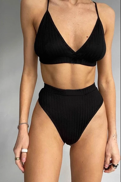 Kadın Siyah Yüksek Bel Dolgusuz Slip Takım - Modern, Konforlu ve Günlük Kombinlere Uygun - Resim 5