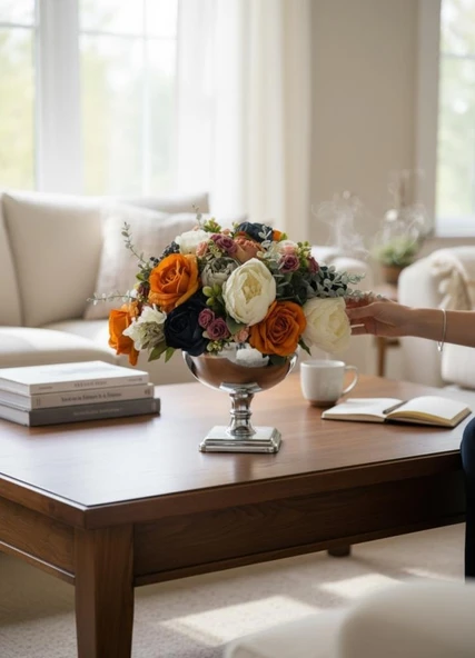 Yapay Çiçek Aranjmanı Gümüş Renk Metal Vazolu Arajman Nişan Kız İsteme Çiçeği Somon Lacivet Krem - Resim 2