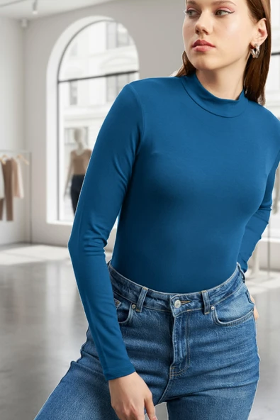 Kadın Mavi Parmak Detaylı Esnek Uzun Kollu Body - Resim 6