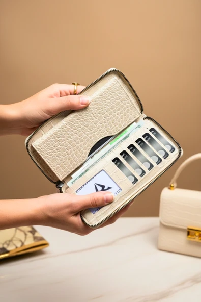 Telefon Bölmeli Timsah Desenli Fermuarlı Kadın Cüzdanı Bej Vegan Deri - Resim 6