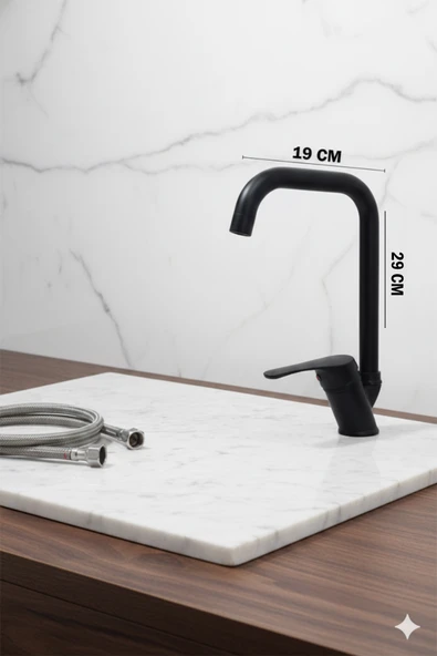 Mutfak Bataryası Köşe Borulu Siyah Renk Eviye Musluğu Musluk Armatür - Resim 3