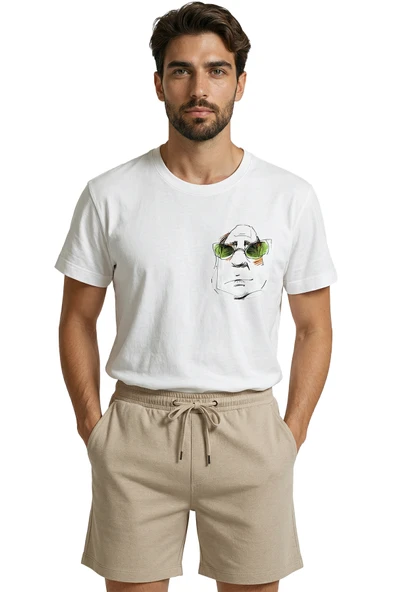 Minimalist Çizim Yeşil Gözlüklü Karakter Baskılı Premium Erkek Tişört - Resim 5