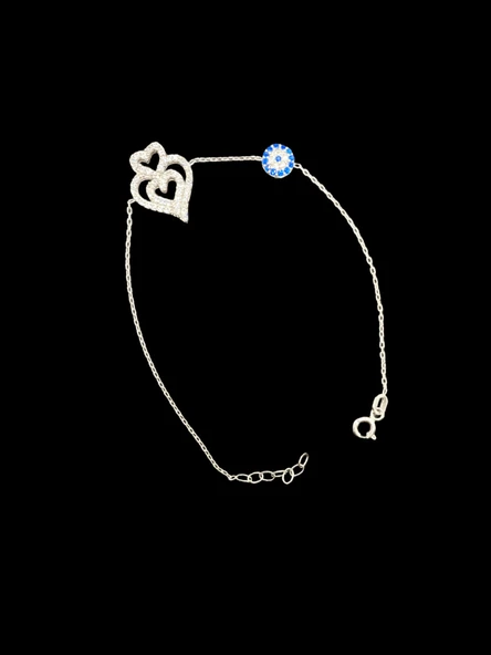 ? Nazar Boncuğu ve Kalp Figür Zirkon Taşlı 925 Ayar İthal Gümüş Bileklik — Zarafetin Büyülü İfadesi ürün görseli 1