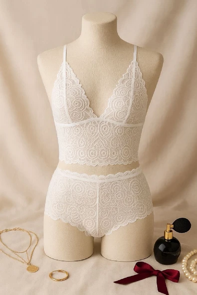 Kadın Beyaz Dantel Bralet Şort Takımı - Romantik ve Zarif İç Giyim - Resim 2
