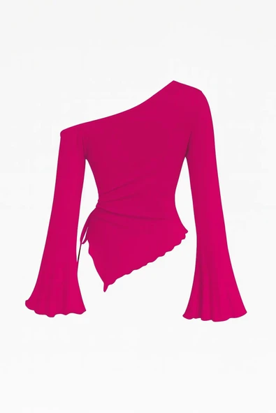 Kadın Fuşya Uzun İspanyol Kollu Asimetirik Yaka Yandan Bağlamalı Drapeli Bluz - Resim 4