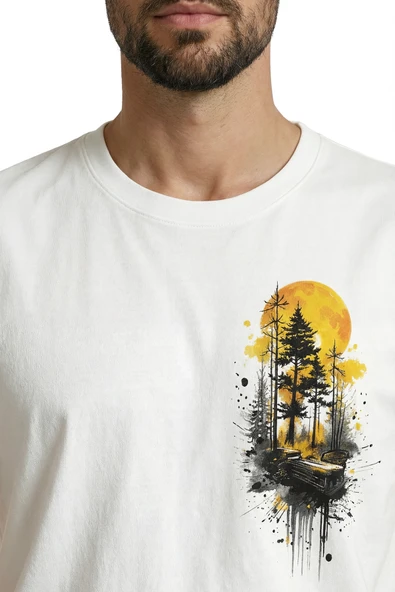 Orman ve Gün Batımı Temalı Sanatsal Doğa Baskılı Premium Erkek Tişört - Resim 7