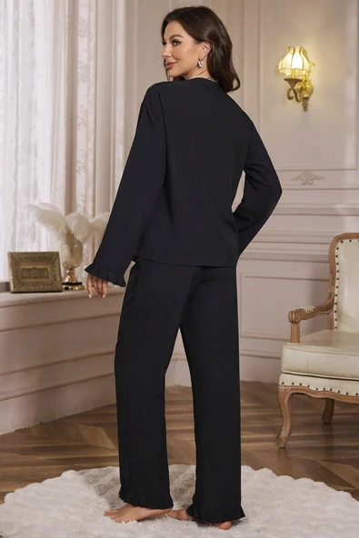 Kadın Siyah Önden Bağlamalı Kolu ve Paçası Fırfır Detaylı Uzun Kollu Pijama Takımı - Resim 3