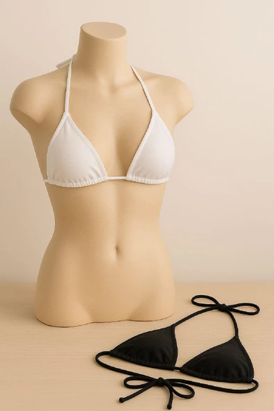 Kadın Siyah ve Beyaz Minimal Kesim Üçgen Bikini Üstü - Modern ve Şık Tasarım - Resim 2