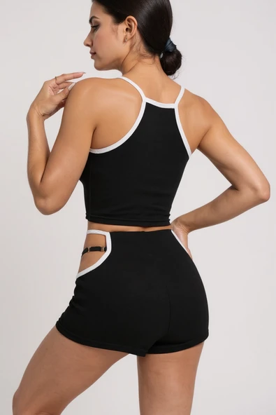 Kadın Siyah Beyaz Şortlu Cut-Out Detaylı Gecelik Takımı - Resim 4