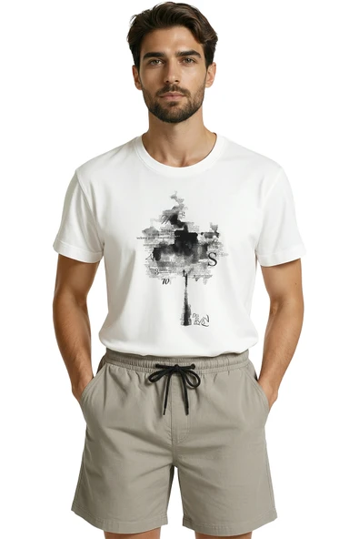 Soyut Mürekkep Lekesi ve Tipografik Ağaç Baskılı Tasarım Premium Erkek Tişört ürün görseli 1