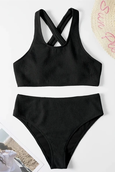 Kadın Siyah Çapraz Sırt Detaylı Iç Çamaşır Takımı - Modern, Konforlu ve Günlük Kombinlere Uygun - Resim 3