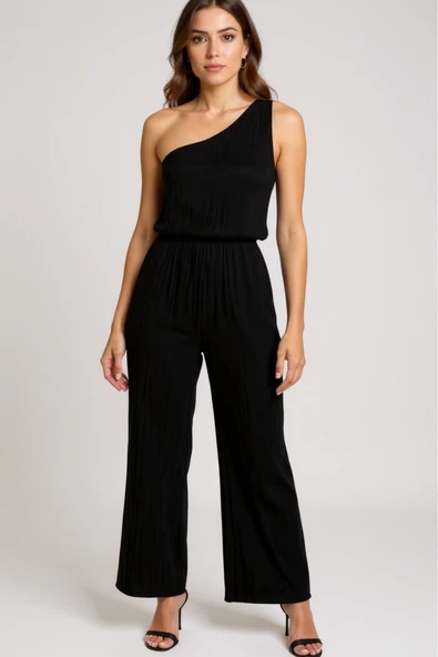 : Kadın Siyah Tek Omuzlu Şık Bluz & Geniş Paça Pantolon İkili Takım ürün görseli 1