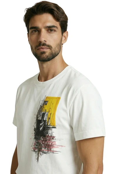 Soyut Şehir Mimarisi ve Eskiz Sanat Baskılı Premium Pamuk Erkek Tişört - Resim 2