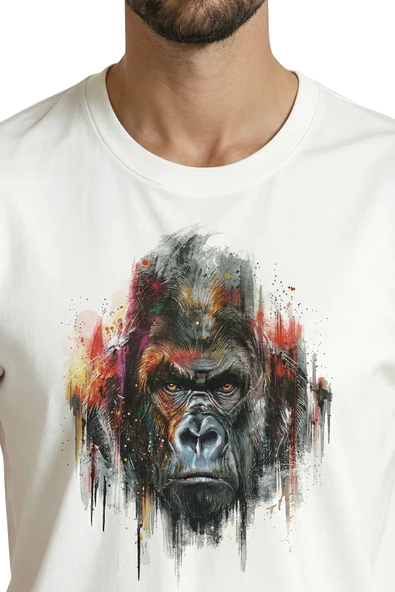 Sanatsal Goril Portresi ve Renkli Boya Efektli Tasarım Premium Erkek Tişört - Resim 7