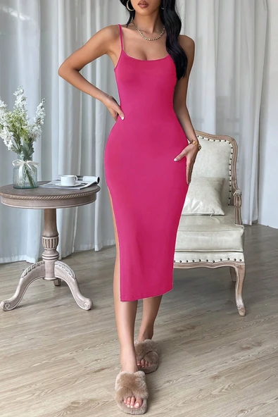 Kadın Fuşya Yırtmaçlı Diz Altı Vücüdu Saran Gecelik - Resim 6