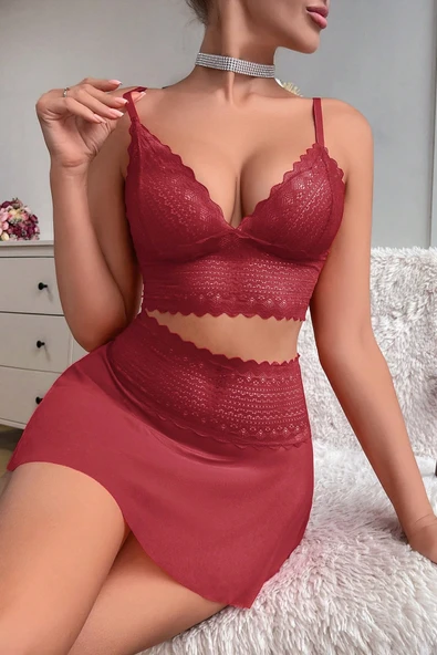 Kadın Bordo Dantel ve Tül Detaylı Etekli Şık Gecelik Takımı - Modern, Konforlu - Resim 6
