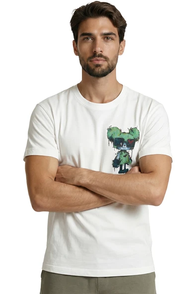 Graffiti Tarzı Gözlüklü Yeşil Ayıcık Baskılı Premium Erkek Tişört - Resim 5