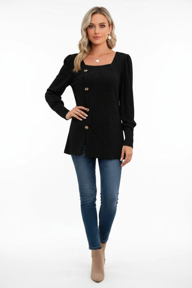 Kadın Uzun Kollu Düğmeli Mevsimlik Bluz - Yumuşak Dokulu, Esnek ve Sıcak Tutan Kumaş - Resim 2