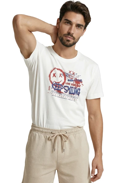Graffiti Tarzı ''Keep Smiling'' ve Gülen Yüz Baskılı Streetwear Premium Erkek Tişört - Resim 5