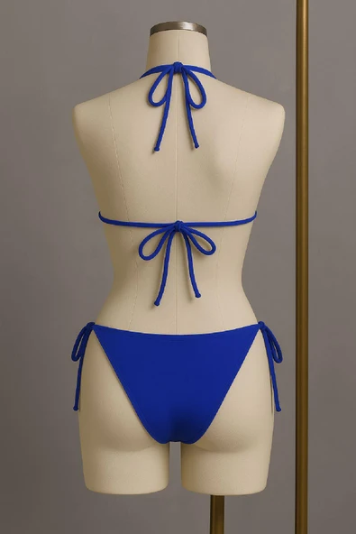 Kadın Mavi Yandan ve Boyundan Bağlamalı Bikini Mayo Takımı - Resim 3