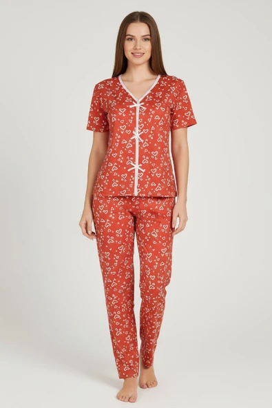 Kadın Turuncu Kalp Desenli Fiyonklu Kısa Kollu Uzun Pijama Takımı ürün görseli 1