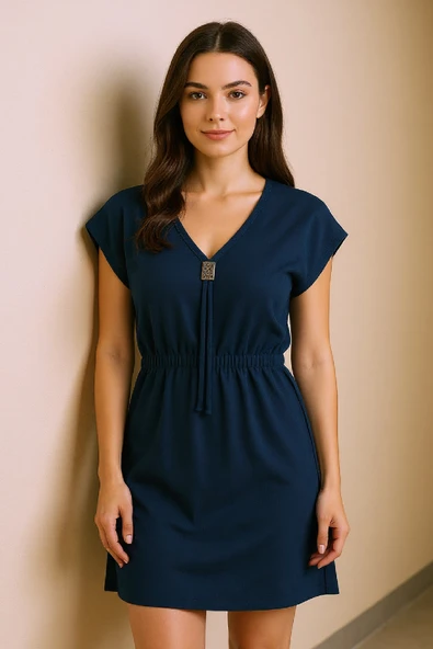 Kadın Lacivert Yanları Yırtmaçlı Tokalı V Yaka Mini Plaj Elbisesi - Resim 5