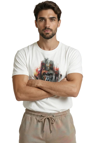 Sanatsal Goril Portresi ve Renkli Boya Efektli Tasarım Premium Erkek Tişört - Resim 6