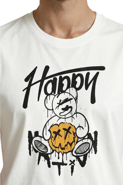 Graffiti Tarzı ''Happy'' Yazılı ve X Gözlü Ayıcık Baskılı Premium Erkek Tişört - Resim 7