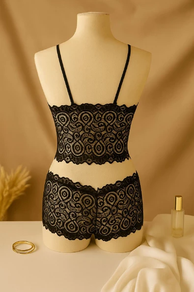 Kadın Siyah Dantel Bralet Şort Takımı - Şık, Zarif ve Feminen İç Giyim - Resim 6
