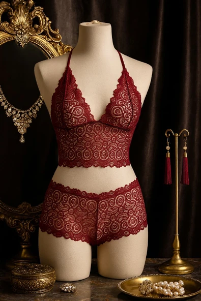 Kadın Bordo Dantel Bralet Şort Takımı - Asil ve Sofistike İç Giyim - Resim 2