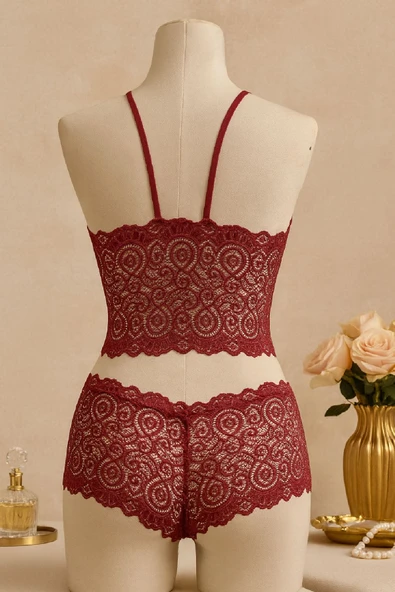 Kadın Bordo Dantel Bralet Şort Takımı - Asil ve Sofistike İç Giyim - Resim 4