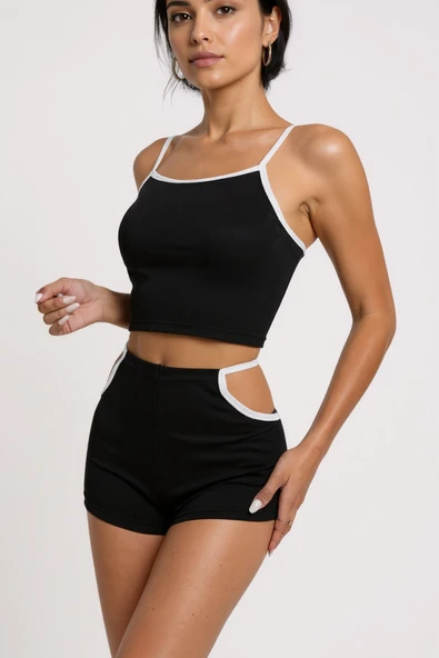 Kadın Siyah Beyaz Şortlu Cut-Out Detaylı Gecelik Takımı - Resim 2