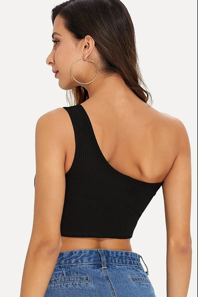 Kadın Siyah Tek Omuz Crop Büstiyer - Modern ve Şık Tasarım - Resim 2