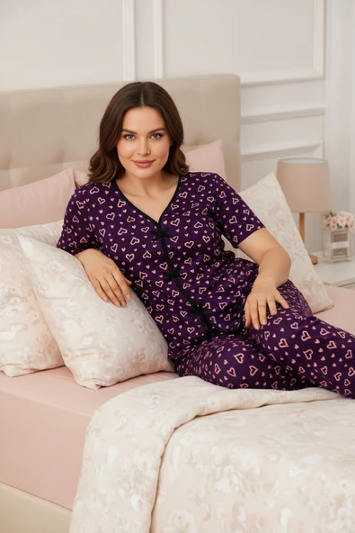 Kadın Mor Kalp Desenli Fiyonklu Kısa Kollu Uzun Pijama Takımı - Resim 4