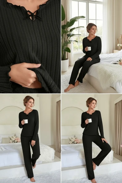 Kadın Siyah Uzun Kollu Fiyonklu Yuvarlak Yaka Mevsimlik Pijama Takımı - Resim 3