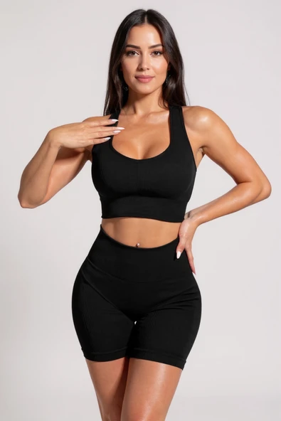 Kadın Siyah Yüksek Bel Çapraz Sırt Detaylı Şortlu Gecelik Takım ürün görseli 1