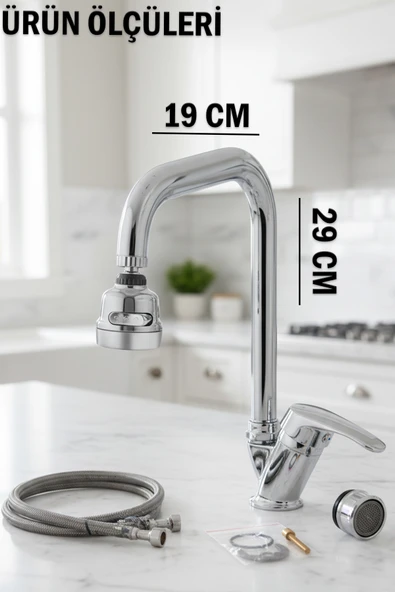 Mutfak Bataryası Köşe Boru Krom Renk Tasarruf Başlıklı Eviye Musluğu Musluk Armatür - Resim 2